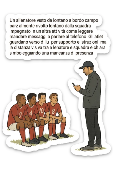 a coach is seen far away on the sidelines, partially turned away from the team or group, engaged in another activity (like reading, texting, or talking on the phone), while the athletes look toward them for support or instruction. The distance between coach and team is visually clear, symbolizing lack of presence. in italiano sticker
