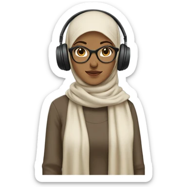 a hijabi girl her outfit includes a beige sweater paired with a brown hijab styled neatly around the head. The character is also wearing large black headphones and rectangular glasses, completing the practical and casual vibe. sticker