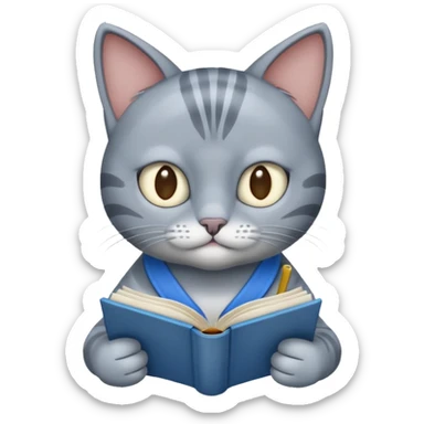 gray Cat reading blue book sticker
