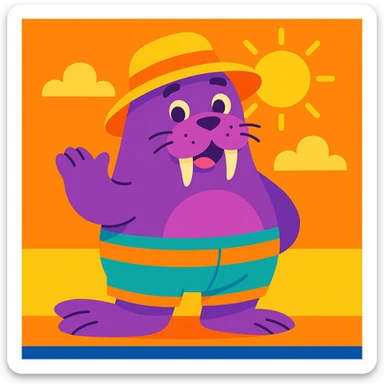 cute purple walrus with a sun hat and shorts, cheerful style sticker