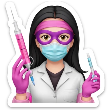 laboratorista con guantes rosa y mascarilla rosa  jeringa tubos  pelo negro largo triguella sin lentes pelo lacio negro y largo  sticker