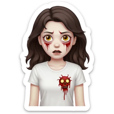 zombie girl who has wavy dark brown hair and a white t shirt sticker