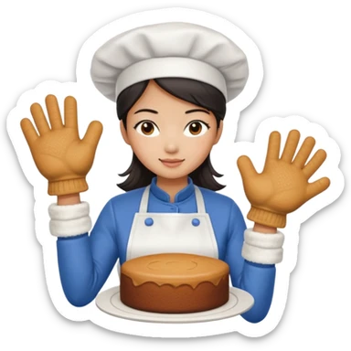 hot Asian girl baking a cake, with oven mitts sticker