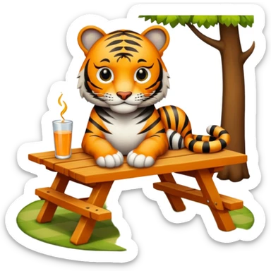 Tiger sitting on picnic table wearing engagement ring sticker