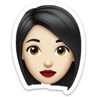 straight black hair,red lipstick,black eyes, white skin and a small nose sticker