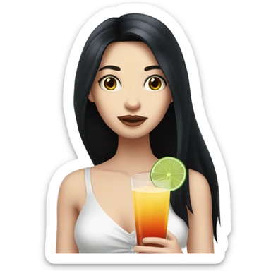 Pale girl with long black hair with chest holding cocktail sticker