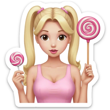 Beautiful woman with long blonde ponytails wearing light pink bodycon dress holding a lollipop sticker