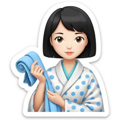 girl with black bob-cut hair, dotted coat, Chinese appearance, holding a towel, looking like a masseuse sticker