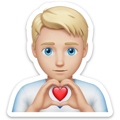 A cinematic realistic blond man with blue eyes shows his heart with his hands sticker