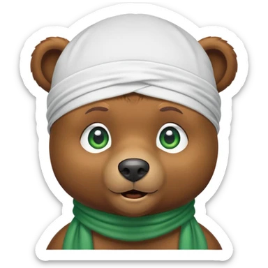Cool brown bear with confident expression and green eyes wearing a crisp white durag with the ties showing, iOS emoji style sticker
