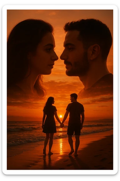 Una doppia esposizione cinematografica di noi di profilo, con un paesaggio di spiaggia al tramonto integrato nella silhouette.
La scena interna ci mostra entrambi camminare sulla sabbia bagnata, tenendoci per mano, con le onde del mare che si infrangono è facile e un cielo colorato dagli ultimi raggi di sole. Atmosfera calda e intima, toni dorati arancioni, dettagli fini ed espressivi, risoluzione 8K. sticker