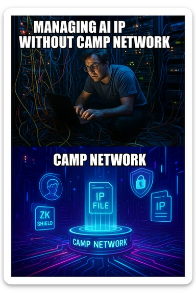 A modern meme layout with two panels. First panel shows a chaotic, overloaded server room labeled 'Managing AI IP without Camp Network.' Second panel shows a sleek, glowing futuristic network hub labeled 'Camp Network' with digital avatars, ZK shields, and IP files floating securely in holograms. Use a bright neon cyber aesthetic, meme-style composition, clear captions in bold white Impact font. sticker