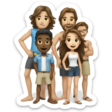 make an emoji where you are standing three brunette guys and one girl with long brunette hair, and around the sea, palm trees sticker