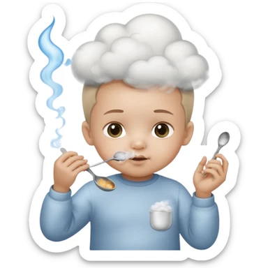 Baby with a spoon in one hand and lighter in the other with smoke (not fire) coming off the spoon.  sticker