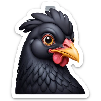 Cinematic Noble Black Chicken Portrait Emoji, Poised and regal, with a compact, sturdy build and a glossy, well-groomed pure black plumage, deep-set soulful beady eyes, Simplified yet sharp and sophisticated features, highly detailed, glowing with a soft, dignified glow, high shine, intelligent and alert, stylized with an air of mysterious elegance, focused and attentive, soft glowing outline, capturing the essence of a watchful and confident fowl, so majestic it feels as though it could strut out of the screen with effortless authority! sticker