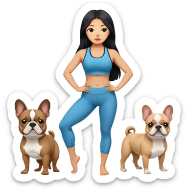 latin woman in a yoga outfit with long black hair standing alongside two French bulldogs emoji
 sticker