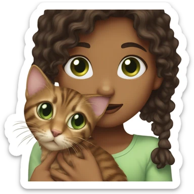 Long, dark brown, curly haired girl with hazel eyes kissing a brown tabby cat with green eyes on its head sticker