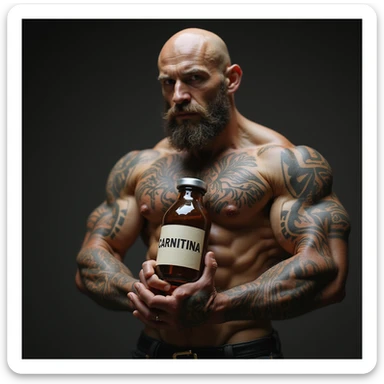 bodybuilder with tattoos, hyperrealistic, holding a vial with a label 'CARNITINA' in large block letters, 4k quality sticker