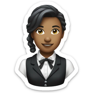 a female butler with a professional and elegant demeanor. She has her hair neatly tied in a ponytail and wears a classic butler uniform, including a tailored vest, crisp white shirt, and bow tie. sticker