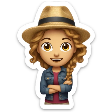 Crear un emoji realista de una chica super alegre, con pelo rubio, rizado, ojos marrones, septum y disfrazada con un sombrero de copa y abrigo púrpura, con un bastón dorado sticker