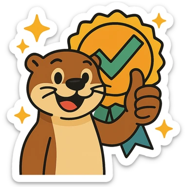 Remove the background so the otter giving a thumbs up with stars and an approval badge is on a transparent background, keeping a playful style. sticker