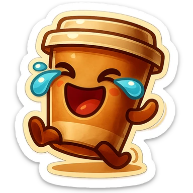 Tall coffee cup, laughing hard, tears in eyes, rolling on ground, dramatic laugh sticker