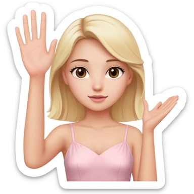 Pretty Blonde model, brown eyes, light pink dress, raising hand sticker