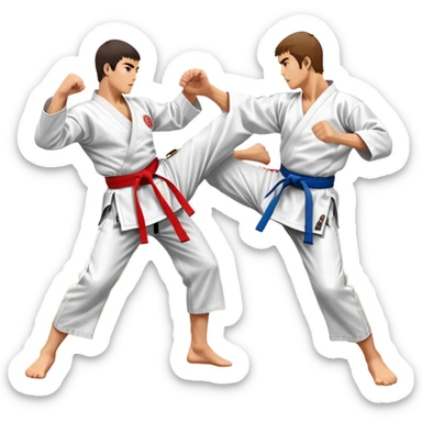 Two karate fighters in traditional gi sparring. One executes a high kick aimed at the opponent’s head, while the other blocks with a strong hand defense. The background features a classic dojo with wooden flooring and banners. Dynamic motion and focused expressions. Transparent background. sticker