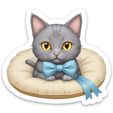 A grey cat with yellow eyes and a light blue bow sits on a beige pillow



 sticker