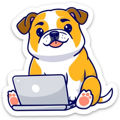 English bulldog sitting with a laptop sticker