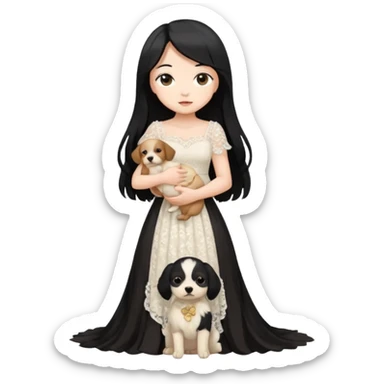 Pastel anime lady long hair with long lace dress full body holding puppy sticker