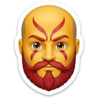 Kratos depicted as a yellow emoji, stern face, red tattoo, beard, classic round yellow emoji style sticker