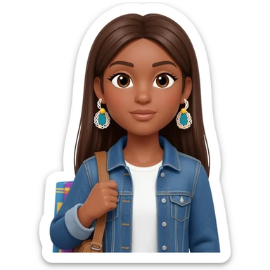 Woman with straight long brunnette hair, light brown skin, she is using a denim jacket with a white shirt and funky earrings and she is carrying books sticker