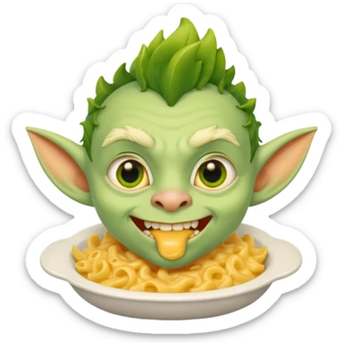 cheddar goblin, green ears, green skin, underbite, mac and cheese in mouth, yellow eyes, narrow nose sticker