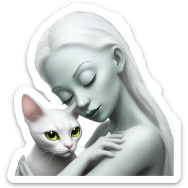 Photo realistic, alien female, kissing and embracing white cat, sticker