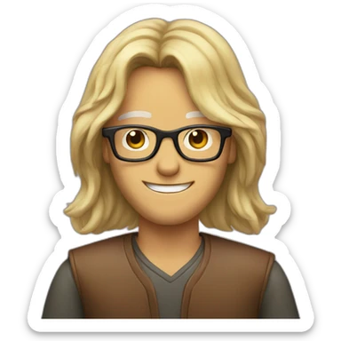 long haired man with glasses showing a victory sign sticker