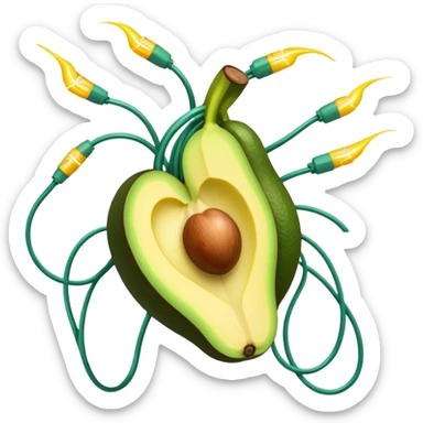 Banana, avocado, potato and leafy greens emitting electrical sparks that flow toward a heart and nervous system. The electrical currents connect the potassium-rich foods to muscles and nerves, highlighting potassium's role as the body's electrical rhythm keeper. sticker