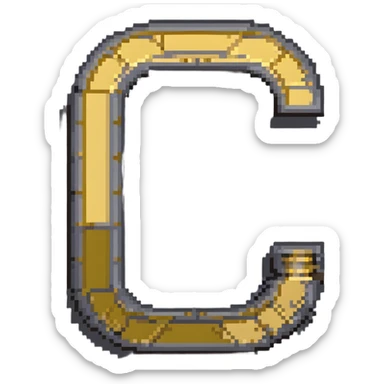 Pixelated letter C in various shades of gray, with golden pixel halo above it, 8-bit style sticker