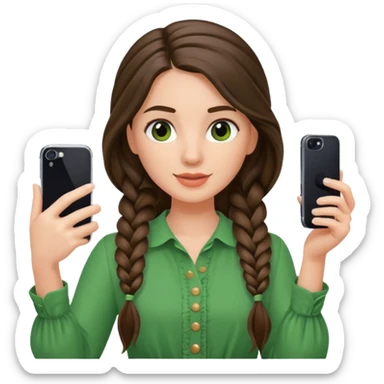 brunette long braided haired woman with green blouse holding her phone having selfie sticker