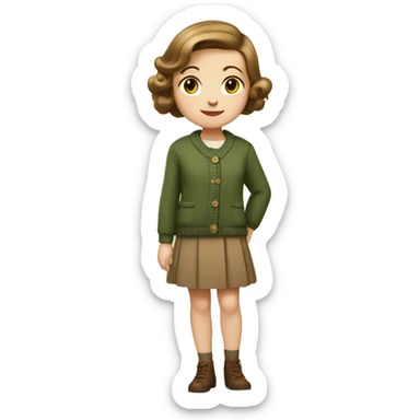 Very young girl with pale skin, straight, warm brown, short hair in a bob style, a brown 1940s dress with an earthy green cardigan sticker