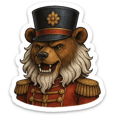 profile picture of a nutcracker bear with white hair, visible teeth, and a classic nutcracker hat, detailed and expressive sticker