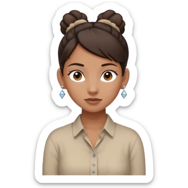 generate a pretty bratz girl with dark brown eyes. Dark brown hair tied in a single bun, tight beige button up shirt with top shirt open. diamond studs in ears. airpods in ear sticker