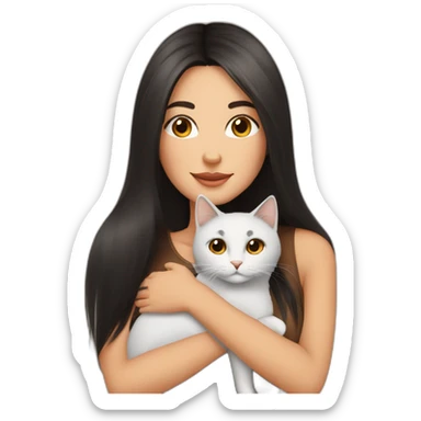 beautiful woman with dark long straight hair and brown eyes hugs a cat  sticker