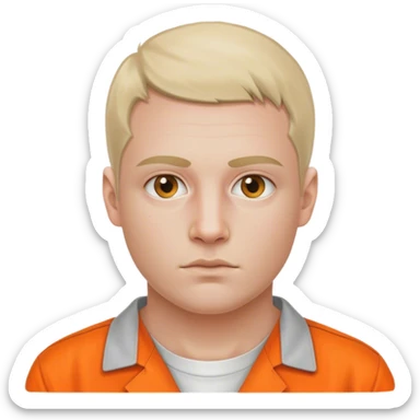 half portrait of white skin American prisoner in an orange uniform. very realistic and detailed sticker