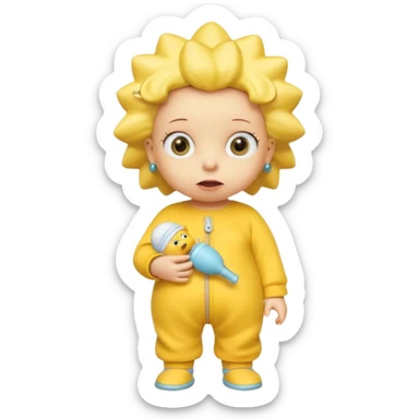 A 3D cartoon baby character yellow, yellow skin, styled like Maggie Simpson, with pacifier, yellow onesie, big eyes, smooth shading, Memoji-style rendering, consistent with other yellow Simpsons characters. sticker