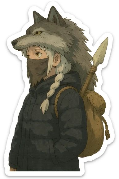 1 female, gold yellow eyes, white hair with a single long braid, wolf headdress, rag face covering, dark colored puffer parka, gazing into the distance. overcast lighting. the has a burlap bag-rope backpack, and a wooden spear with a bone knife tip sticker