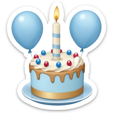 Please make some balloons that are light blue and beige, and place a small cake underneath the balloons. sticker