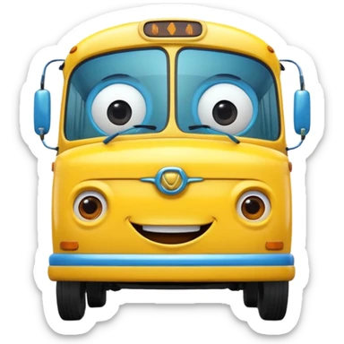 Front view of a bus with a cheerful smiling face, expressive eyes integrated into the windshield, glossy 3D animation style, Pixar-inspired, vibrant colors, soft shadows, cinematic lighting, ultra detailed, 4k render sticker