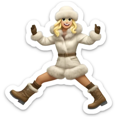 blonde girl in a fur hat dancing in the snow full body fur boots sticker