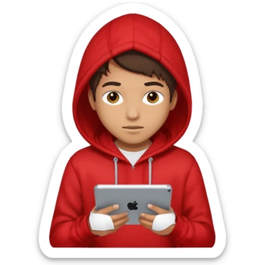 Teen gaming on tablet, red hoodie sticker